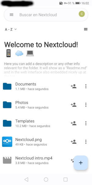 Pantalla de Nextcloud no móbil