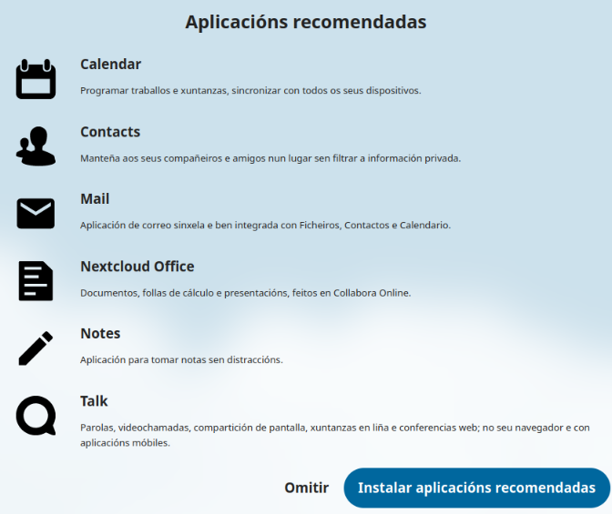Listaxe de aplicacións recomendadas