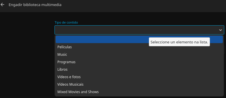 Tipos de contido dispoñibles en Jellyfin