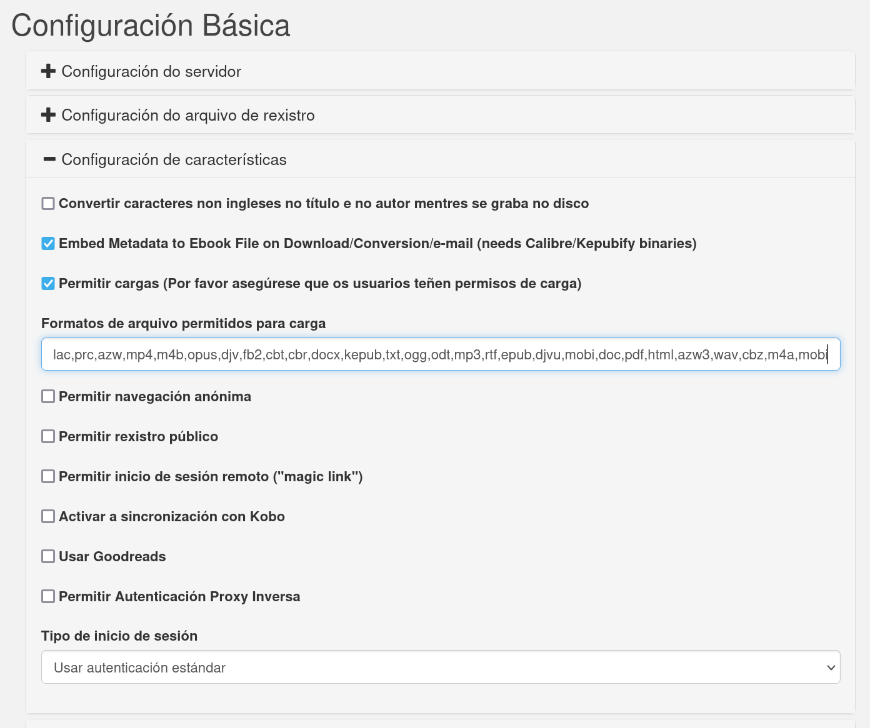 Imaxe da configuración para activar a carga de libros