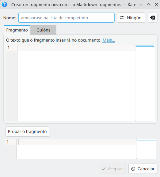 Vista de creación de framentos. Cun campo de texto para o nome do fragmento e un cadro máis grande para introducir o texto final
