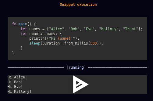 Na imaxe pódese ver un pequeno código cun bucle no que imprime nomes, debaixo podemos ver a saída