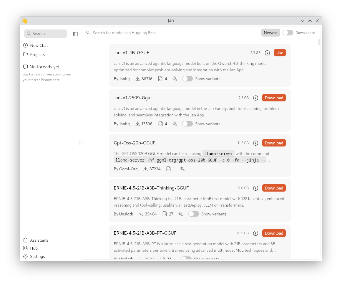 Vista da sección de Hub con distintos modelos para descargar