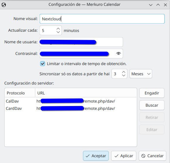 Pantalla de resumo da configuración, co nome do calendario, usuario, contrasinal e URLs