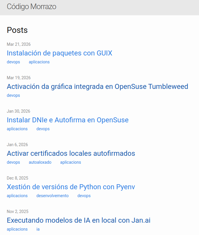 Imaxe do estilo anterior da web, unha lista simple de artigos. A imaxe amosa un listado de todo-los títulos dos artigos da web, sen paxinación, nin límite