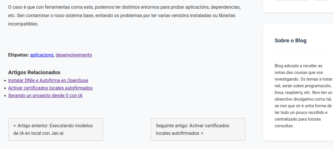 Exemplo da parte inferior dos artigos. Pódense ver as etiqueta do artigo, cun grupo de artigos relacionados e os botóns para desprazarse entre publicacións